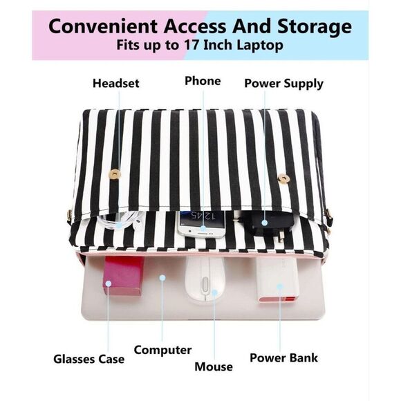 Laptop Bag Women Pink Black 17" Laptops Case Work Tote Multiple Compartments - Picture 4 of 6